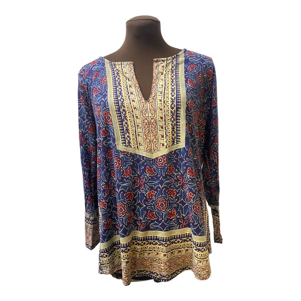Lucky Brand Women’s Blouse Boho Woodblock Long sleeve Shirt Top Size Lar…